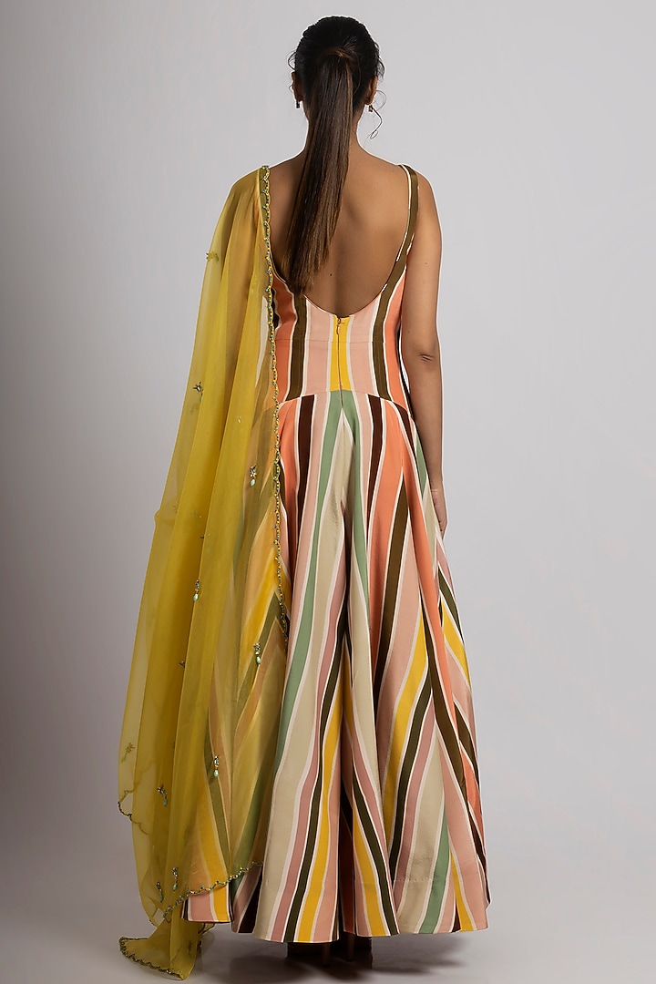 Multi-Colored Crepe Stripe Printed Wedding Gown With Dupatta by Rajat tangri at Pernia's Pop Up Shop