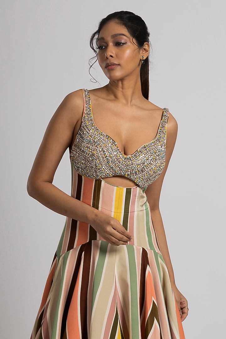 Multi-Colored Crepe Stripe Printed Wedding Gown With Dupatta by Rajat tangri at Pernia's Pop Up Shop