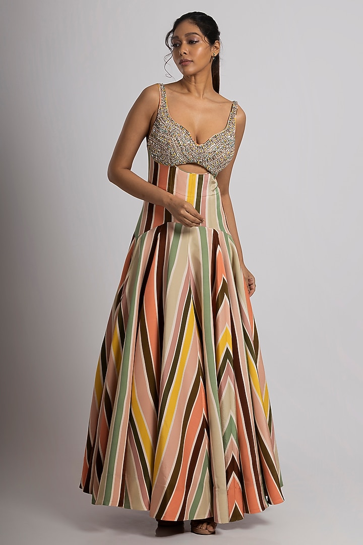 Multi-Colored Crepe Stripe Printed Wedding Gown With Dupatta by Rajat tangri at Pernia's Pop Up Shop
