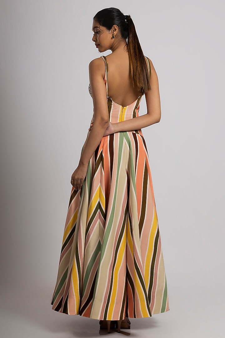 Multi-Colored Crepe Stripe Printed Wedding Gown With Dupatta by Rajat tangri at Pernia's Pop Up Shop