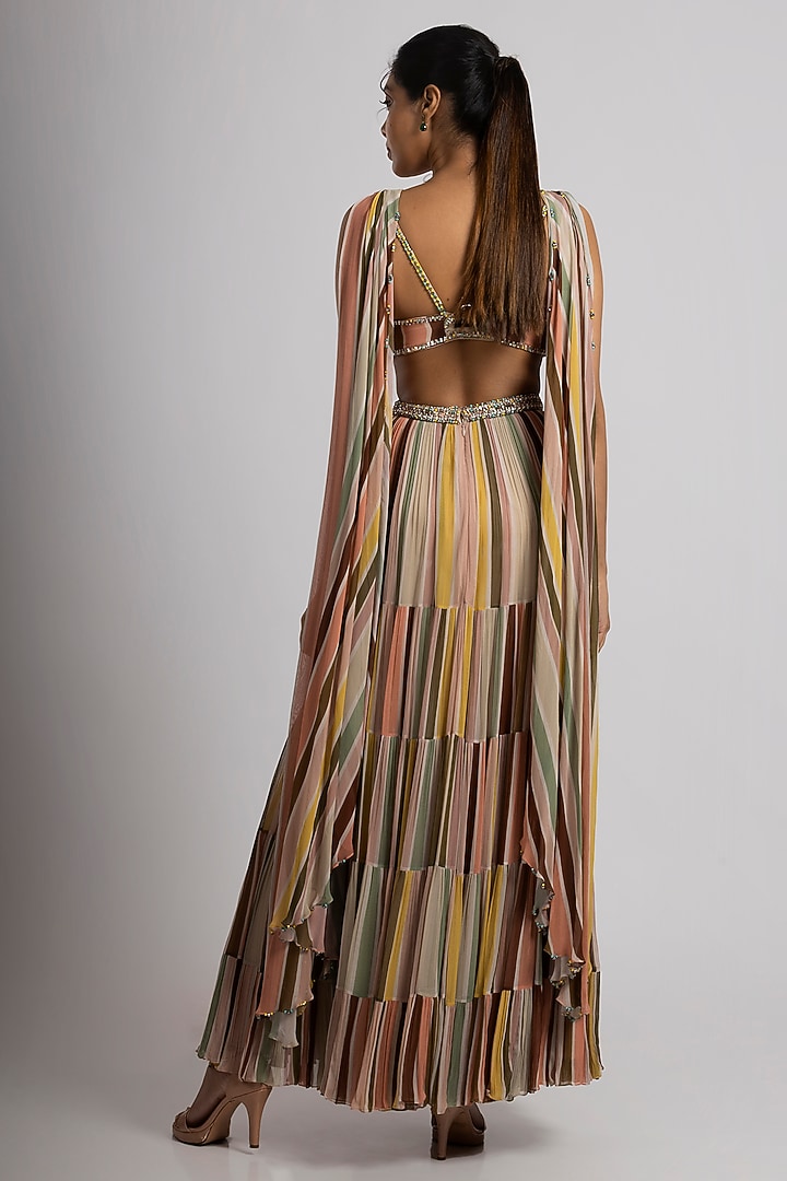 Multi-Colored Georgette Stripe Printed Wedding Lehenga Set by Rajat tangri at Pernia's Pop Up Shop