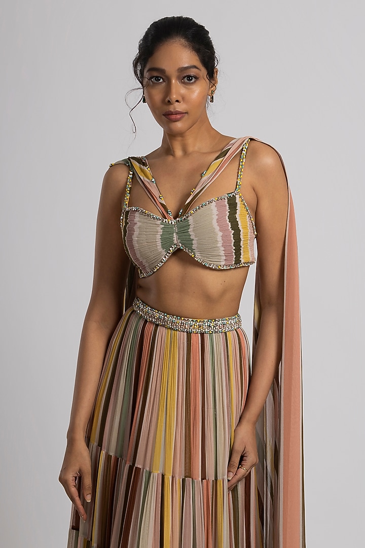 Multi-Colored Georgette Stripe Printed Wedding Lehenga Set by Rajat tangri at Pernia's Pop Up Shop