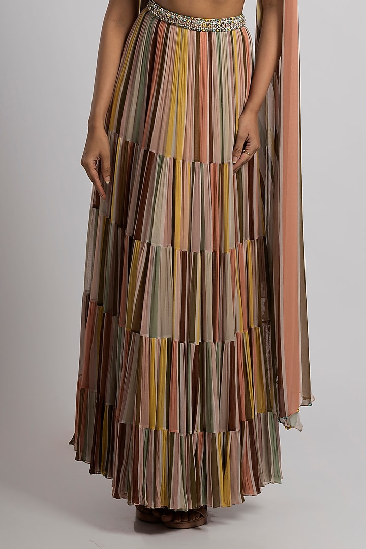 Multi-Colored Georgette Stripe Printed Wedding Lehenga Set by Rajat tangri at Pernia's Pop Up Shop