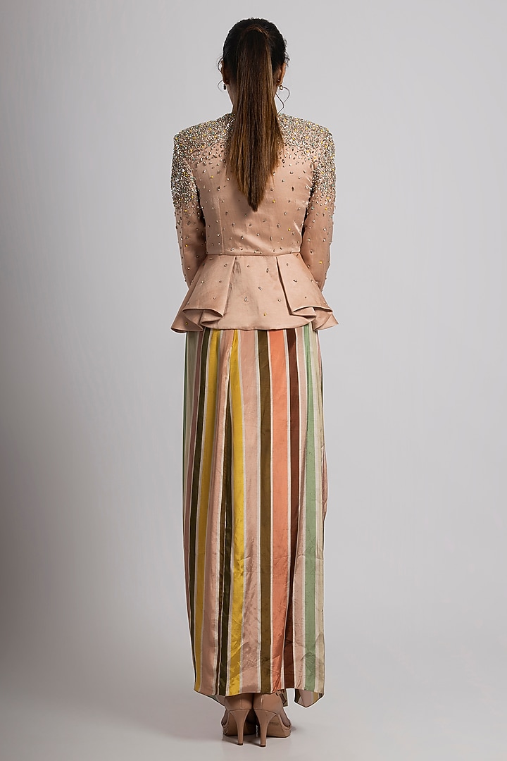 Multi-Colored Linen Satin & Crepe Stripe Printed Draped Skirt Set by Rajat tangri at Pernia's Pop Up Shop
