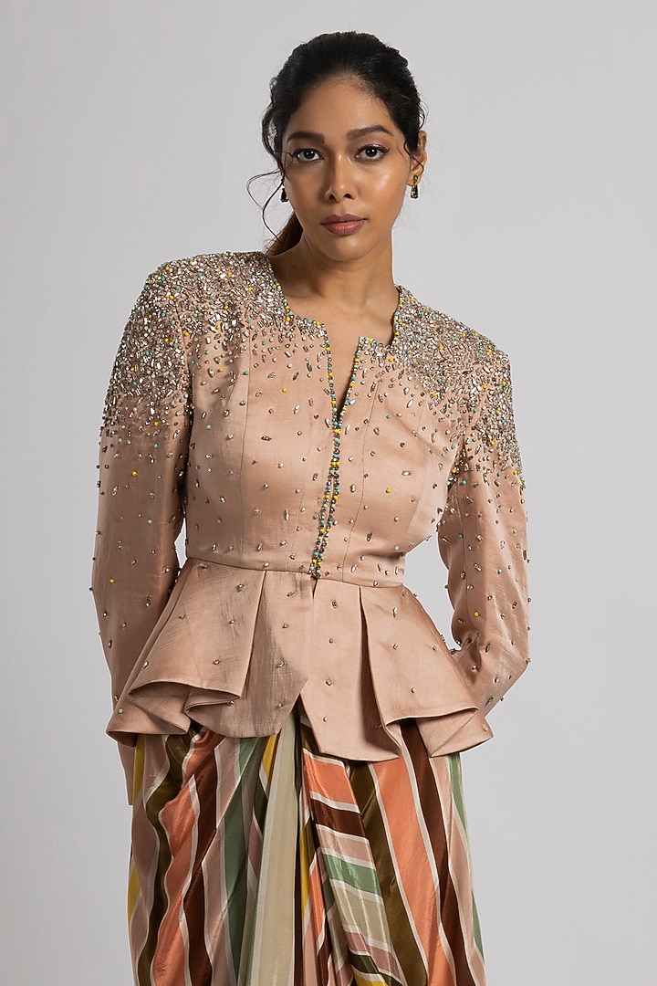 Multi-Colored Linen Satin & Crepe Stripe Printed Draped Skirt Set by Rajat tangri at Pernia's Pop Up Shop