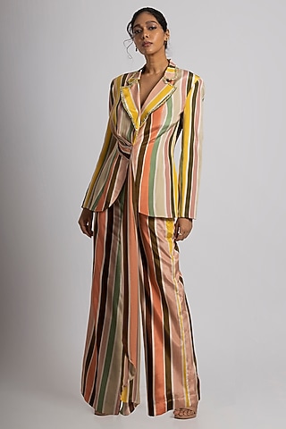 Multi-Colored Crepe Stripe Printed Pant Suit Set by Rajat tangri 