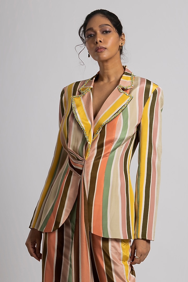 Multi-Colored Crepe Stripe Printed Pant Suit Set by Rajat tangri  at Pernia's Pop Up Shop