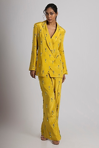 Citrine Yellow Crepe Hand Embroidered Pant Suit Set by Rajat tangri 