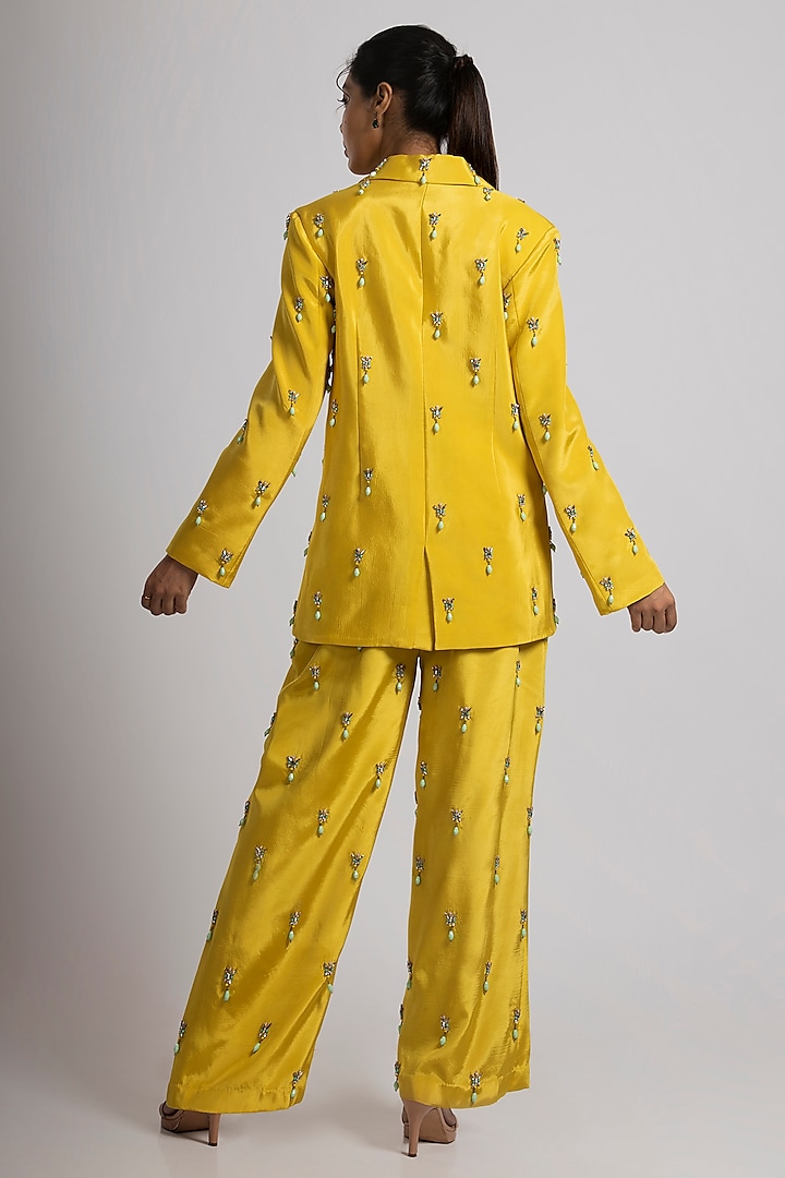 Citrine Yellow Crepe Hand Embroidered Pant Suit Set by Rajat tangri  at Pernia's Pop Up Shop