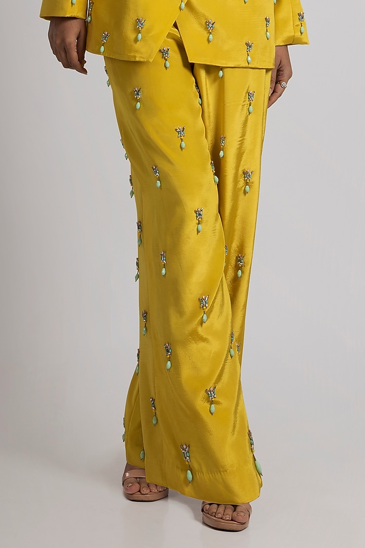 Citrine Yellow Crepe Hand Embroidered Pant Suit Set by Rajat tangri  at Pernia's Pop Up Shop