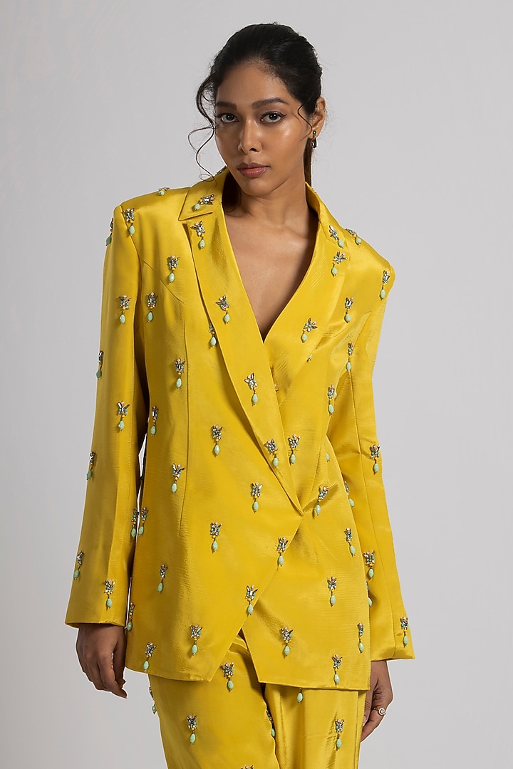 Citrine Yellow Crepe Hand Embroidered Pant Suit Set by Rajat tangri  at Pernia's Pop Up Shop