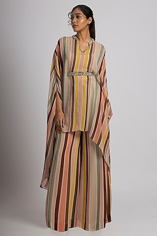 Multi-Colored Georgette Stripe Printed Kaftan Set by Rajat tangri 