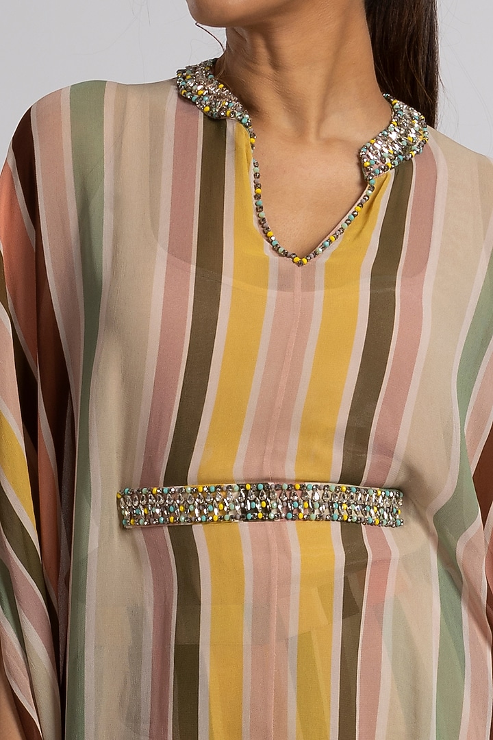 Multi-Colored Georgette Stripe Printed Kaftan Set by Rajat tangri at Pernia's Pop Up Shop