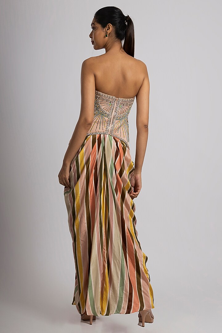 Multi-Colored Linen Satin & Crepe Stripe Printed Draped Skirt Set by Rajat tangri  at Pernia's Pop Up Shop