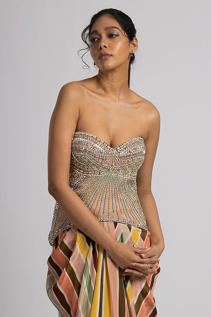 Multi-Colored Linen Satin & Crepe Stripe Printed Draped Skirt Set by Rajat tangri  at Pernia's Pop Up Shop