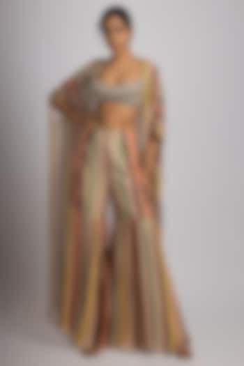 Multi-Colored Crepe & Georgette Stripe Printed Cape Set by Rajat tangri  at Pernia's Pop Up Shop