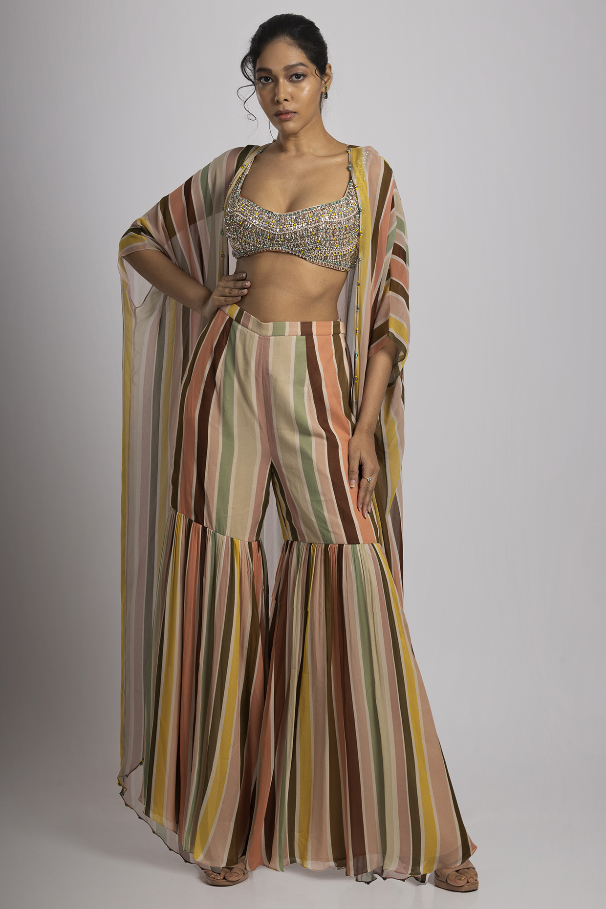 Multi-Colored Crepe & Georgette Stripe Printed Cape Set by Rajat tangri  at Pernia's Pop Up Shop