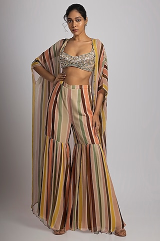 Multi-Colored Crepe & Georgette Stripe Printed Cape Set by Rajat tangri 