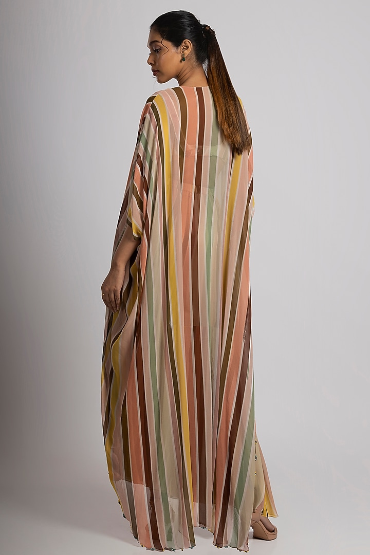 Multi-Colored Crepe & Georgette Stripe Printed Cape Set by Rajat tangri at Pernia's Pop Up Shop