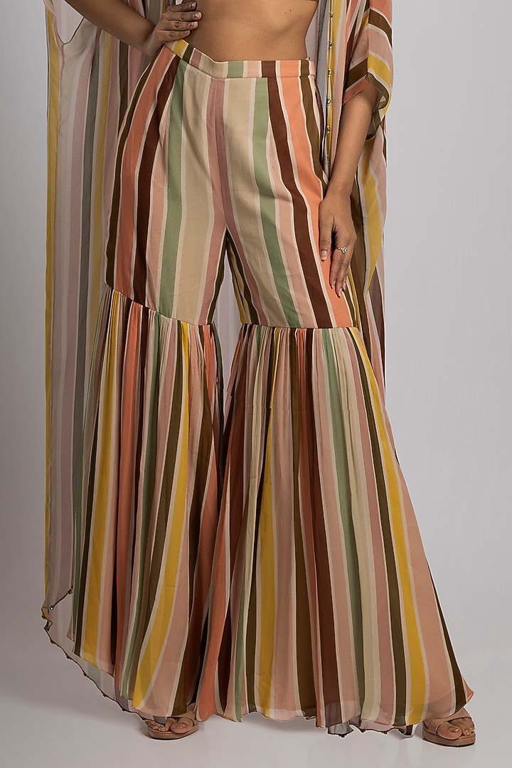 Multi-Colored Crepe & Georgette Stripe Printed Cape Set by Rajat tangri at Pernia's Pop Up Shop