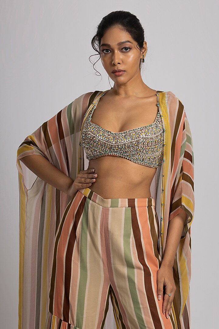 Multi-Colored Crepe & Georgette Stripe Printed Cape Set by Rajat tangri at Pernia's Pop Up Shop