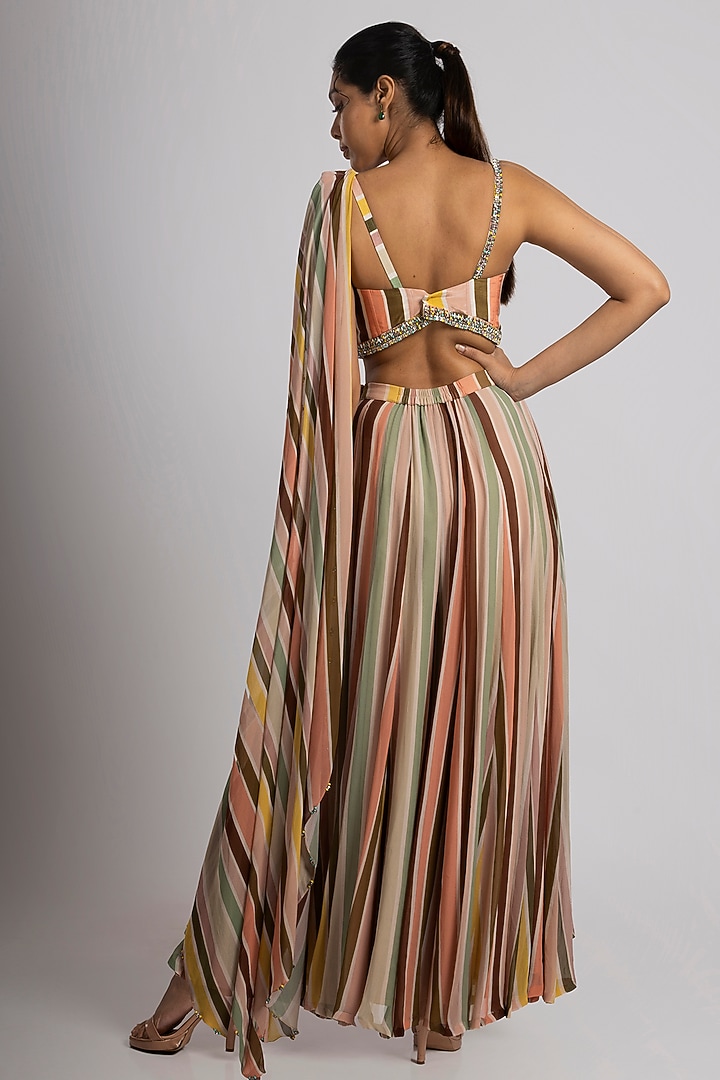 Multi-Colored Georgette & Crepe Stripe Printed Flared Pant Set by Rajat tangri  at Pernia's Pop Up Shop