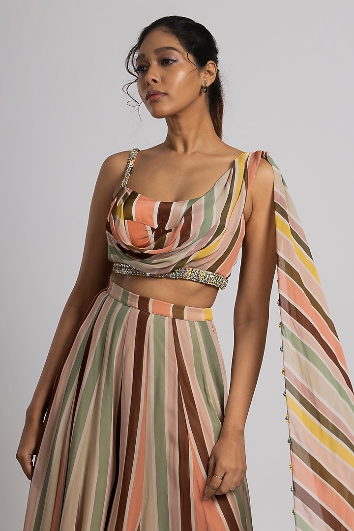 Multi-Colored Georgette & Crepe Stripe Printed Flared Pant Set by Rajat tangri  at Pernia's Pop Up Shop
