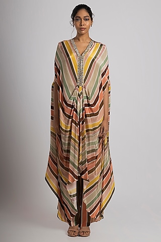 Multi-Colored Crepe Stripe Printed Kaftan Set by Rajat tangri 