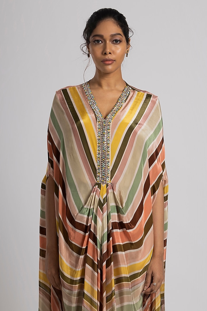 Multi-Colored Crepe Stripe Printed Kaftan Set by Rajat tangri  at Pernia's Pop Up Shop