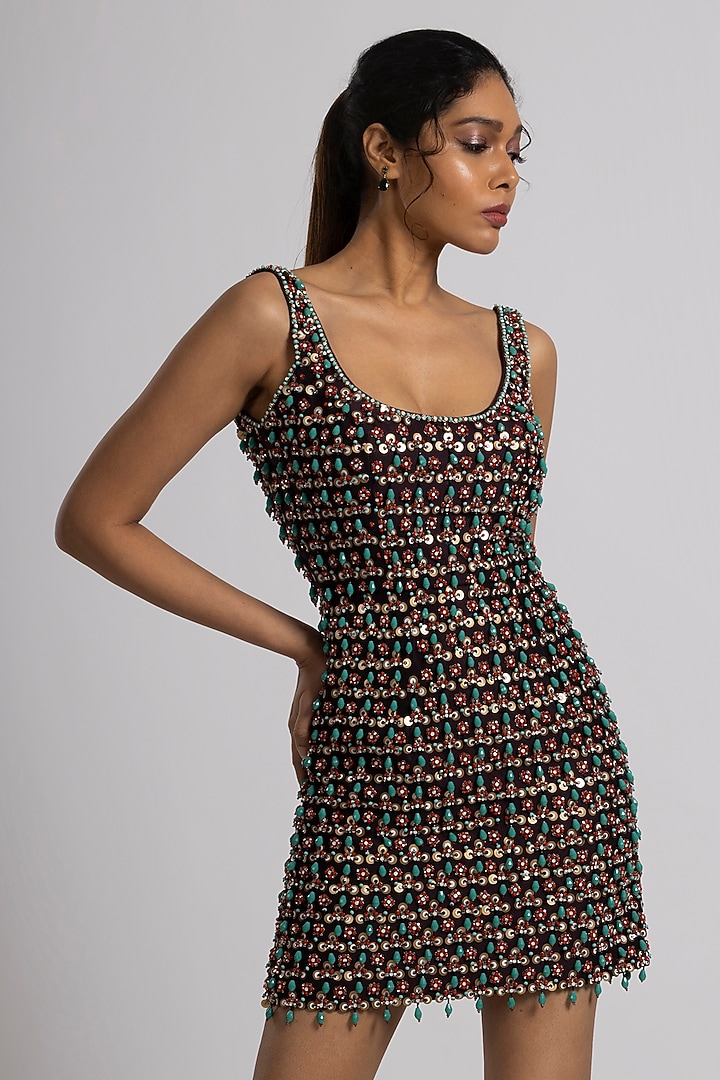 Brown Crepe Embroidered Bodycon Mini Party Wear Dress by Rajat tangri at Pernia's Pop Up Shop