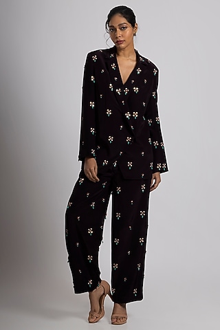 Brown Crepe Hand Embroidered Pant Suit Set by Rajat tangri 