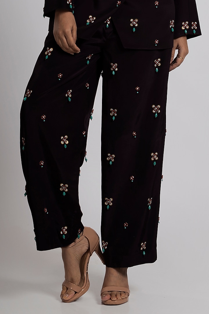 Brown Crepe Hand Embroidered Pant Suit Set by Rajat tangri  at Pernia's Pop Up Shop
