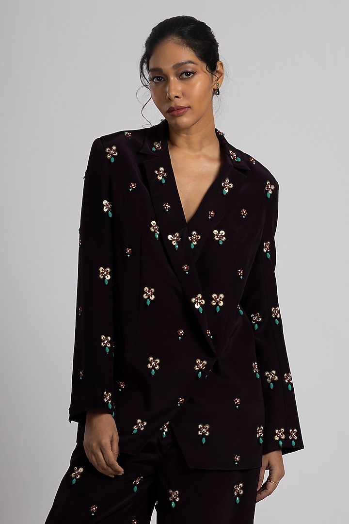 Brown Crepe Hand Embroidered Pant Suit Set by Rajat tangri  at Pernia's Pop Up Shop