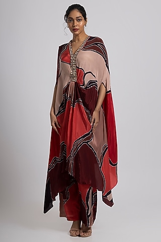 Multi-Colored Crepe Hand Embroidered Kaftan Set by Rajat tangri 