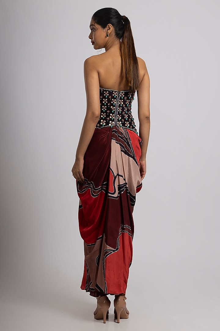 Multi-Colored Linen Satin & Crepe Draped Skirt Set by Rajat tangri at Pernia's Pop Up Shop