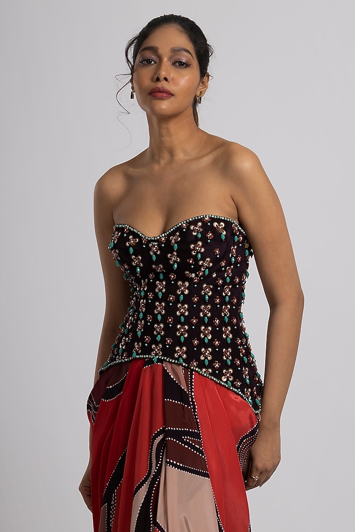 Multi-Colored Linen Satin & Crepe Draped Skirt Set by Rajat tangri at Pernia's Pop Up Shop