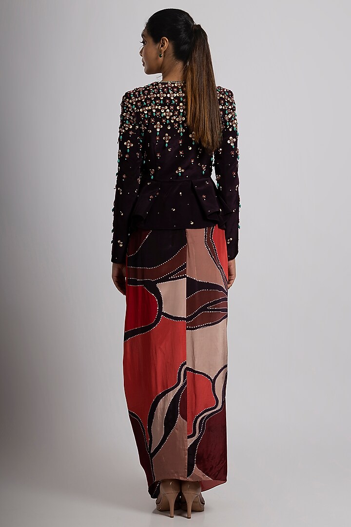 Multi-Colored Linen Satin & Crepe Draped Skirt Set by Rajat tangri  at Pernia's Pop Up Shop