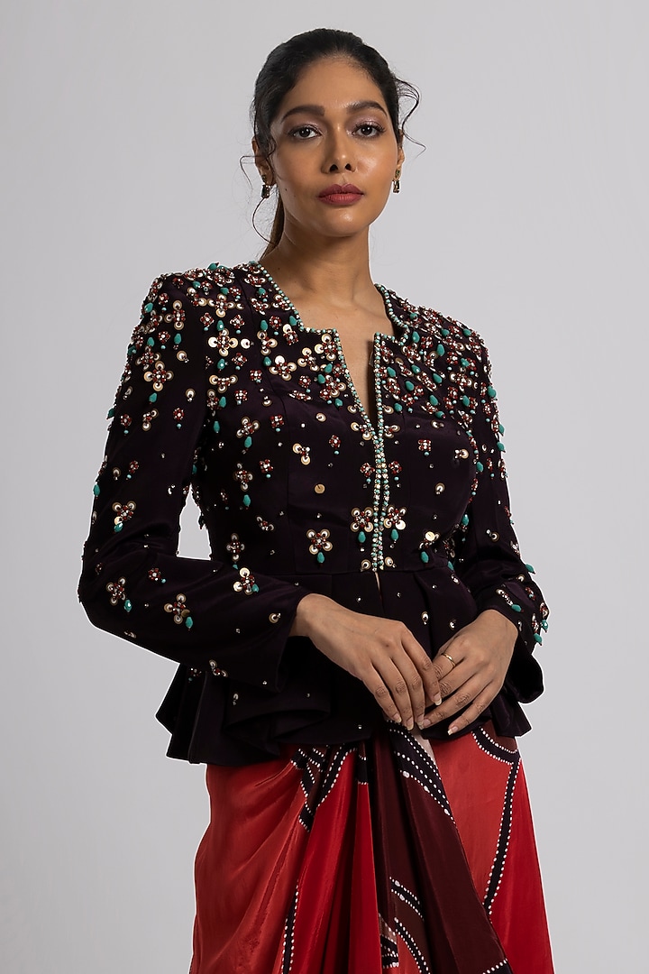 Multi-Colored Linen Satin & Crepe Draped Skirt Set by Rajat tangri  at Pernia's Pop Up Shop