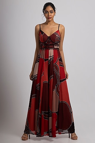 Multi-Colored Georgette Hand Embroidered Corset Jumpsuit by Rajat tangri 