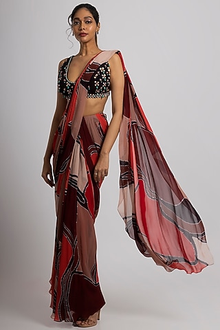 Multi-Colored Georgette & Crepe Saree Set by Rajat tangri 