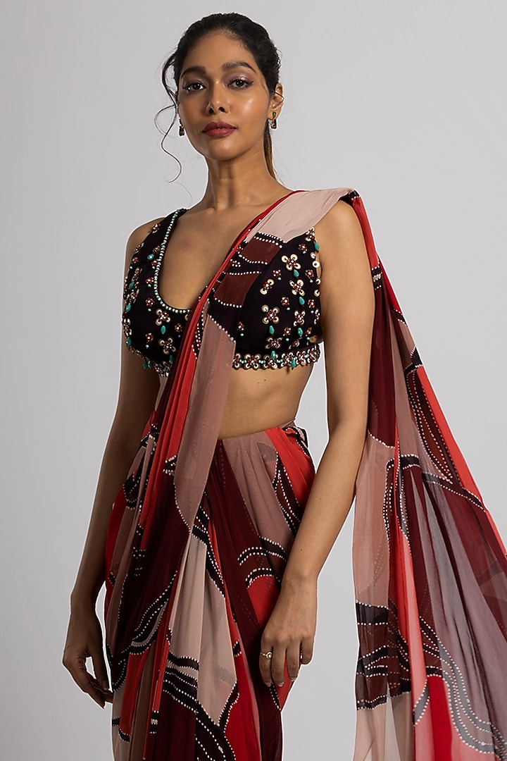 Multi-Colored Georgette & Crepe Wedding Saree Set by Rajat tangri at Pernia's Pop Up Shop