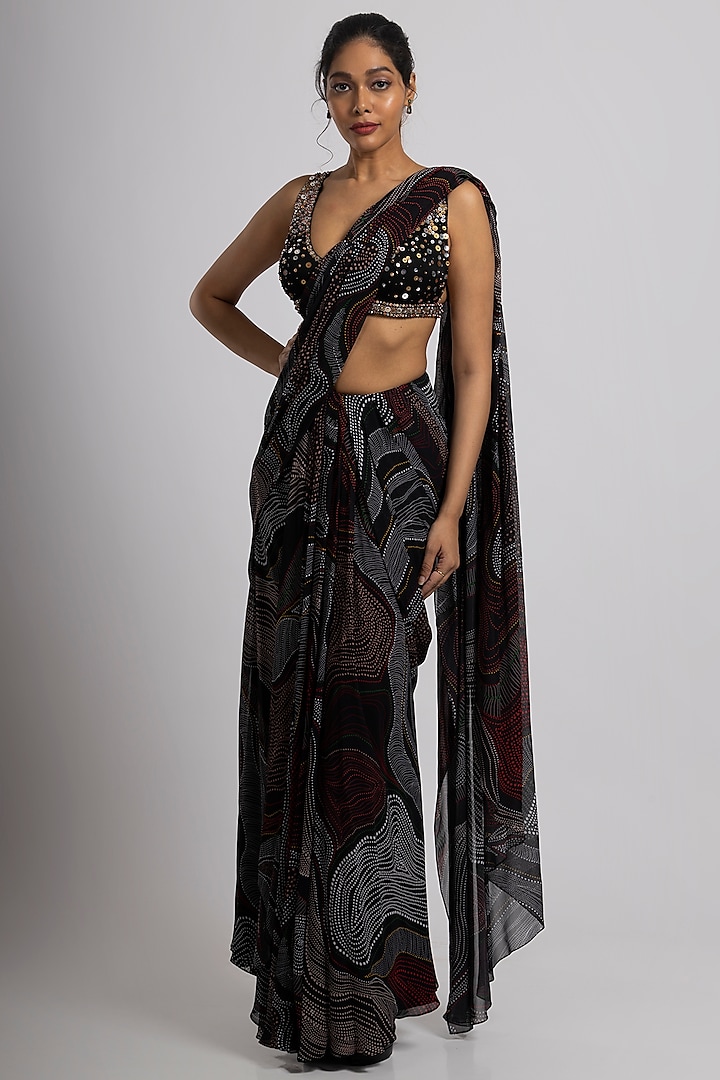 Black Georgette & Crepe Saree Set by Rajat tangri  at Pernia's Pop Up Shop