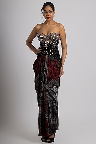 Black Linen Satin & Crepe Draped Skirt Set by Rajat tangri 