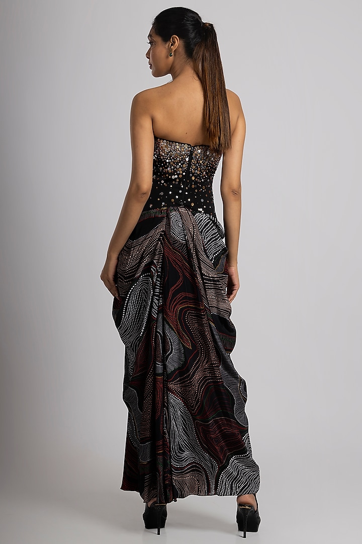 Black Linen Satin & Crepe Draped Skirt Set by Rajat tangri  at Pernia's Pop Up Shop