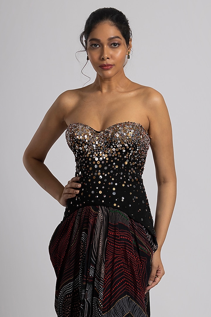Black Linen Satin & Crepe Draped Skirt Set by Rajat tangri  at Pernia's Pop Up Shop