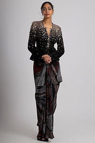 Black Linen Satin & Crepe Draped Skirt Set by Rajat tangri 