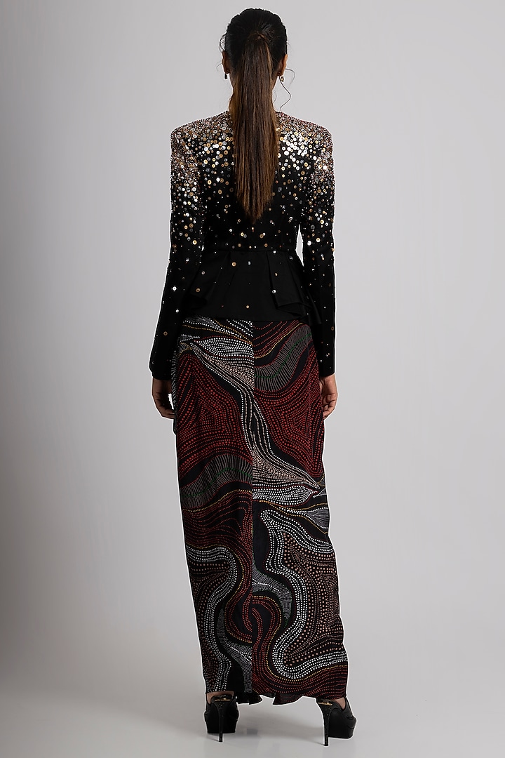Black Linen Satin & Crepe Draped Skirt Set by Rajat tangri  at Pernia's Pop Up Shop