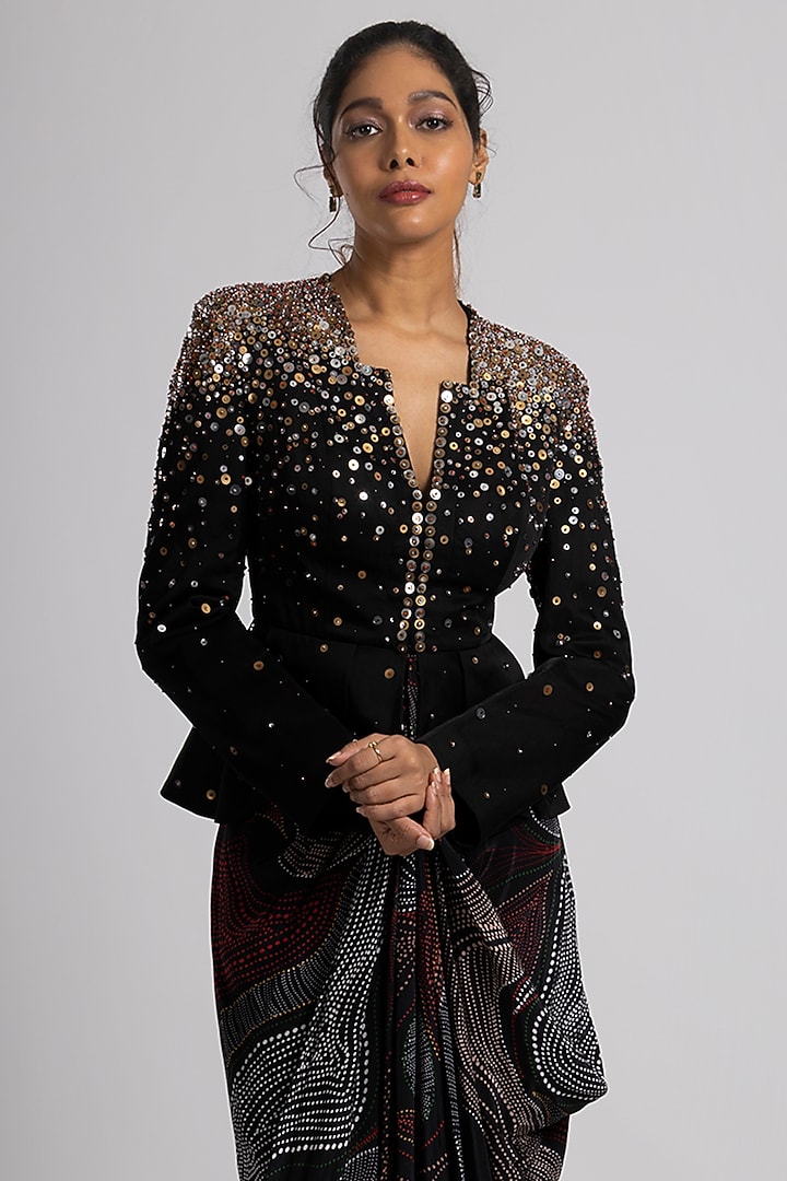 Black Linen Satin & Crepe Draped Skirt Set by Rajat tangri  at Pernia's Pop Up Shop