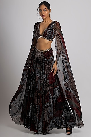 Black Georgette Hand Embroidered Lehenga Set by Rajat tangri 