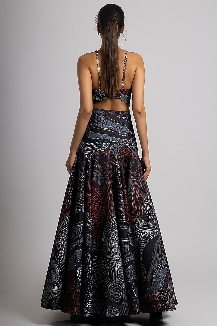 Black Taffeta & Crepe Printed Skirt Set by Rajat tangri at Pernia's Pop Up Shop